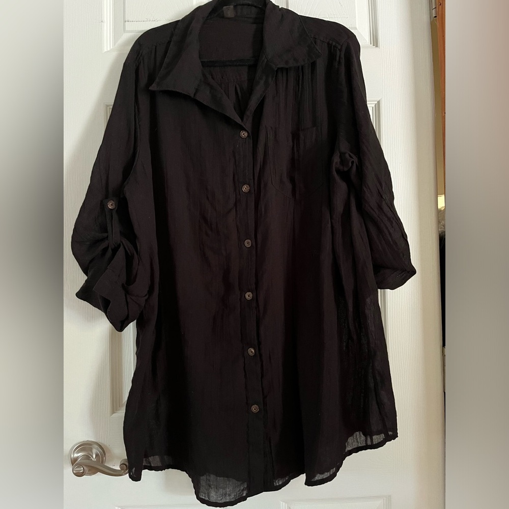 Lightweight Black Button-Up Bathing Suit Coverup Shirt 1x - Picture 2 of 3
